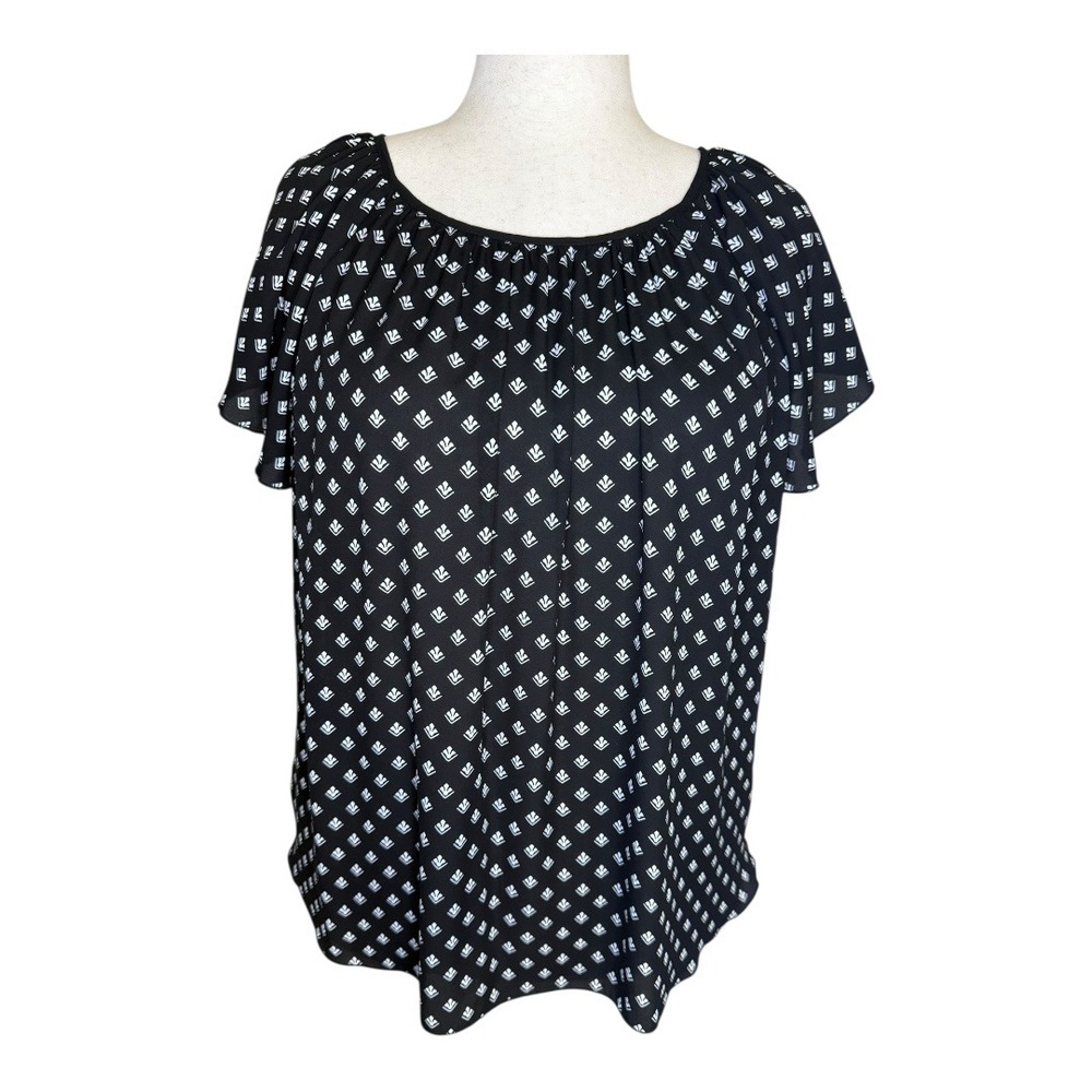 Philosophy Woman Black White Geometric Print Short‎ Sleeve Gathered Neck Top 1X